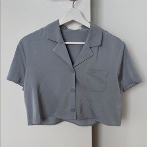 OAK + FORT Cropped Short-Sleeve Button Front Top - Blue Gray